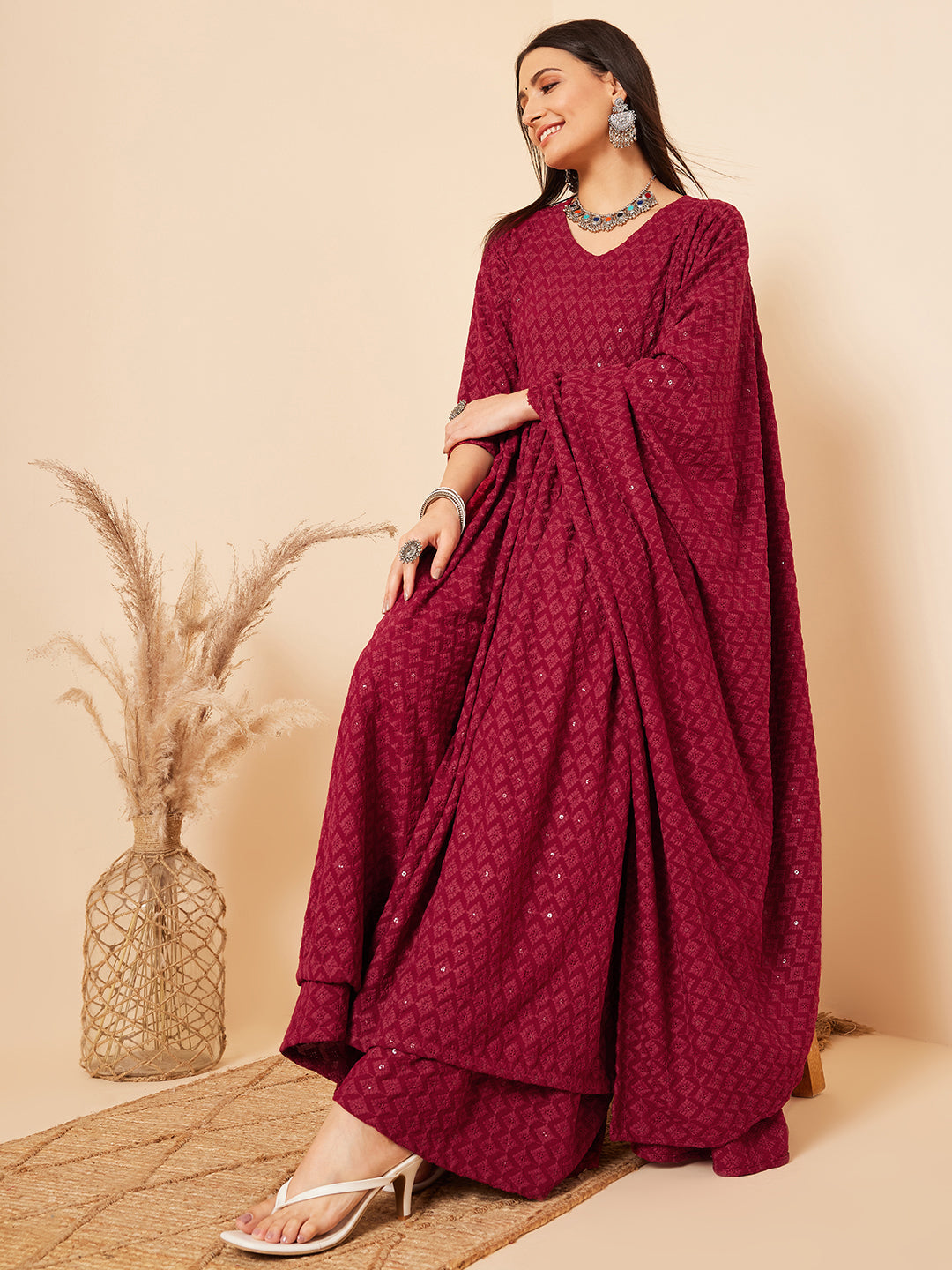 InWeave Women's Maroon Chikankari Long Anarkali Kurta Palazzo Set W Dupatta - Swadesiicart