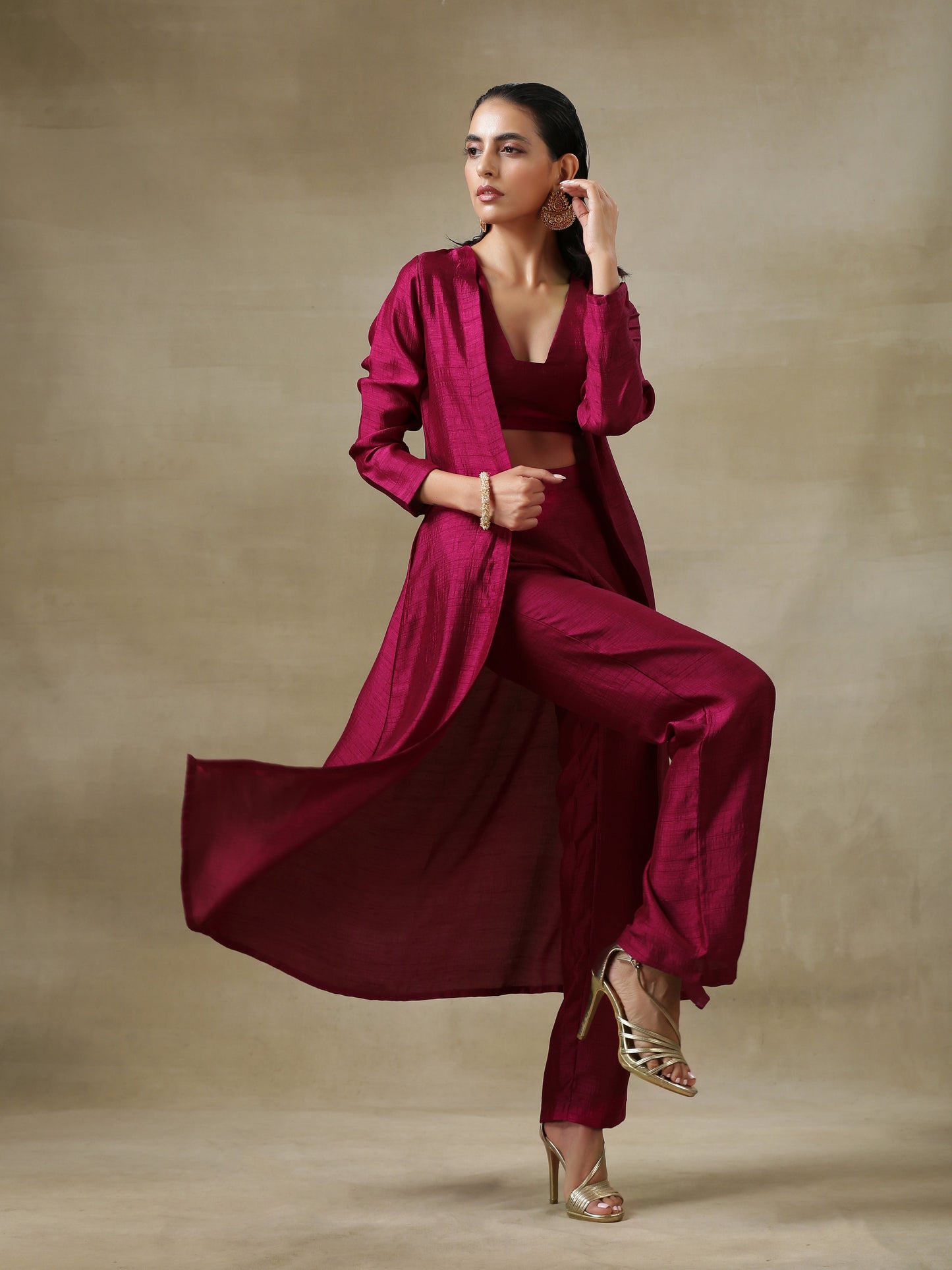 trueBrowns Purple Textured Silk Overlay Jacket Blouse Pant Set | Relove | Swadesiicart
