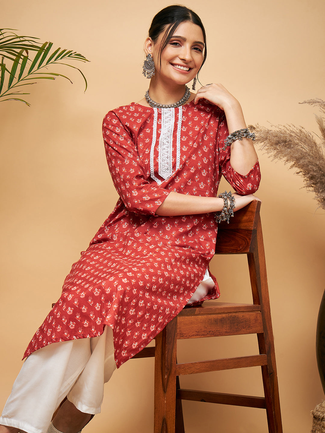 InWeave Women's Rust Small Floral Print Lace Straight Kurta Pant Set - Swadesiicart