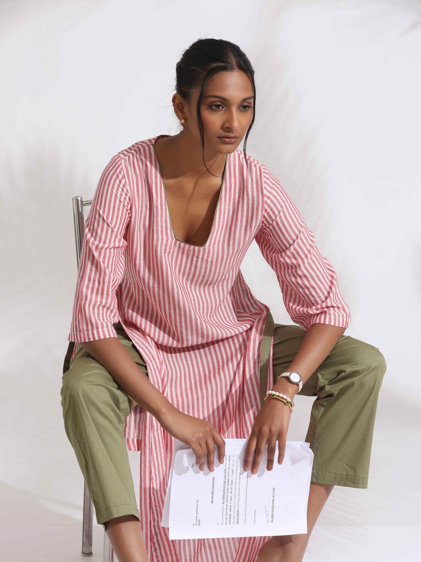trueBrowns Red Cotton Stripe Straight Kurta Set | Swadesiicart