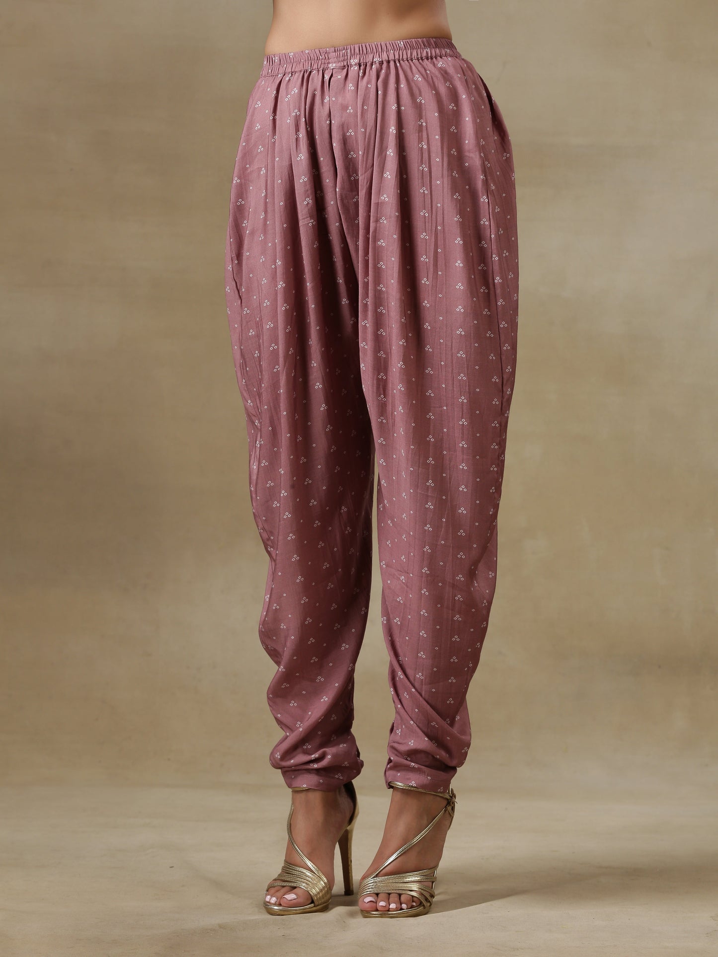 trueBrowns Dark Mauve Bandhani Printed Silk Loose Kurta Dhoti Pant Set | Swadesiicart