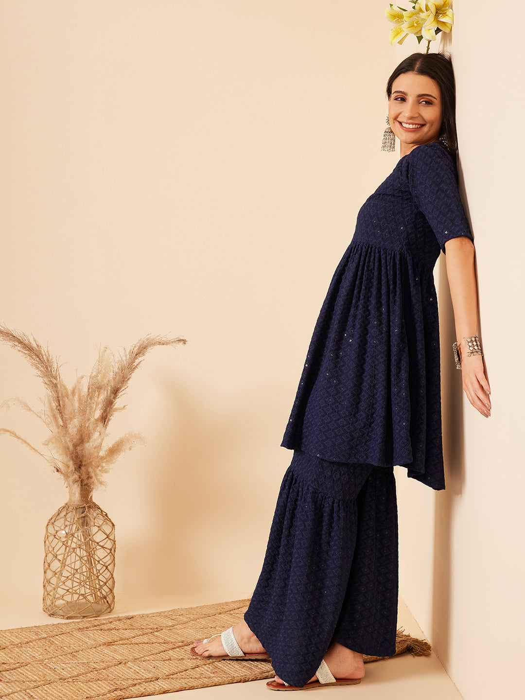 InWeave Women's Royal Blue Chikankari Kurta Set With Sharara - Swadesiicart