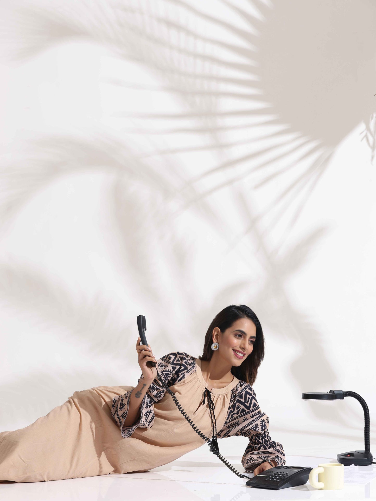 trueBrowns Beige Cotton Print Long Dress | Swadesiicart