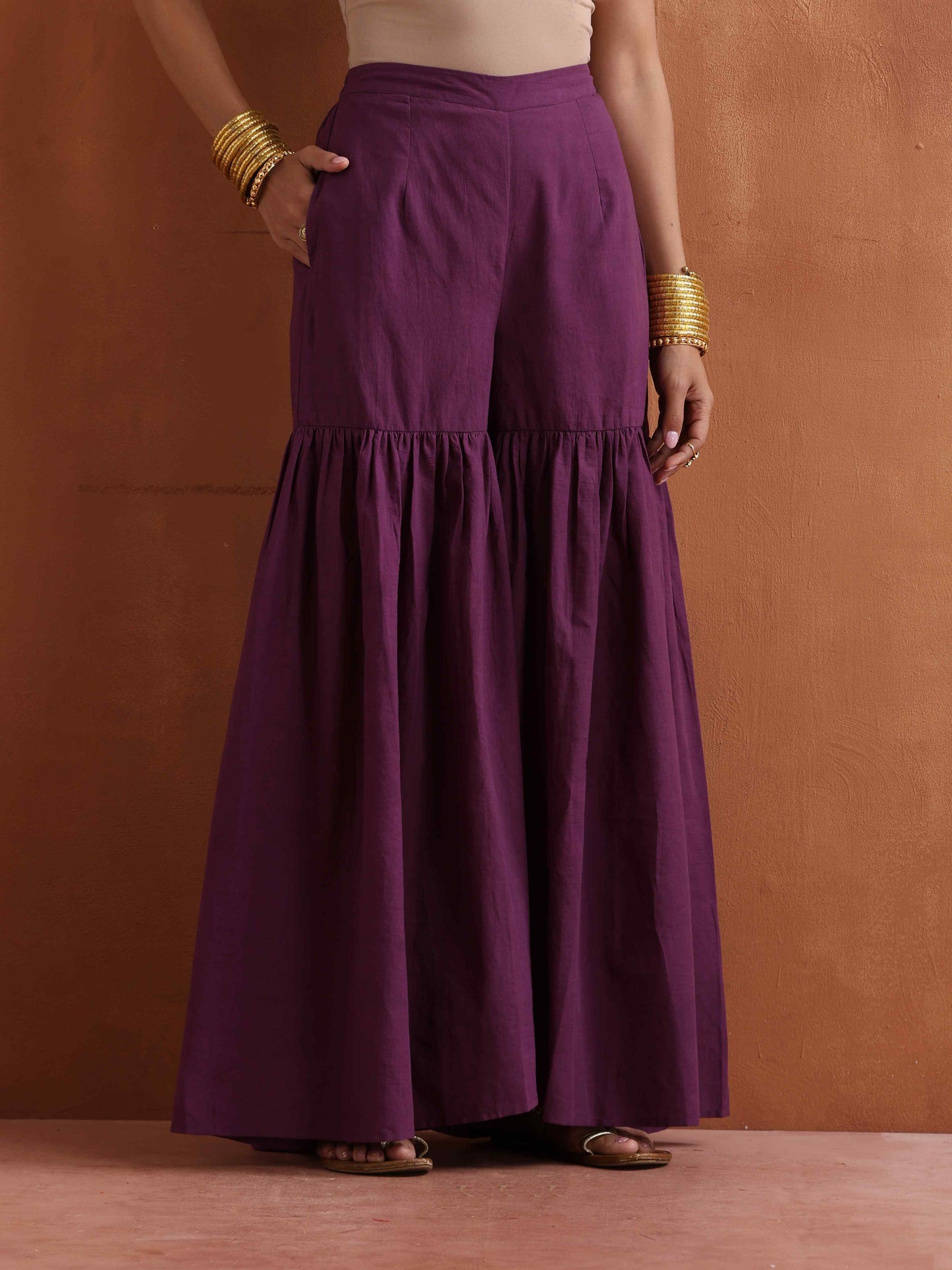 trueBrowns Purple Metallic Sharara Dupatta Set | Swadesiicart