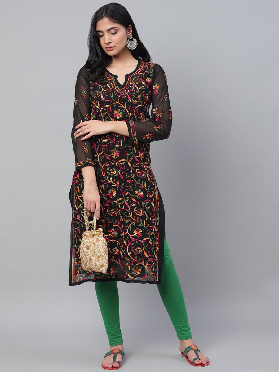 ADA Women Black & Pink Chikankari Hand Embroidered Semi-Sheer Straight Sustainable Kurta With Slip | Swadesiicart