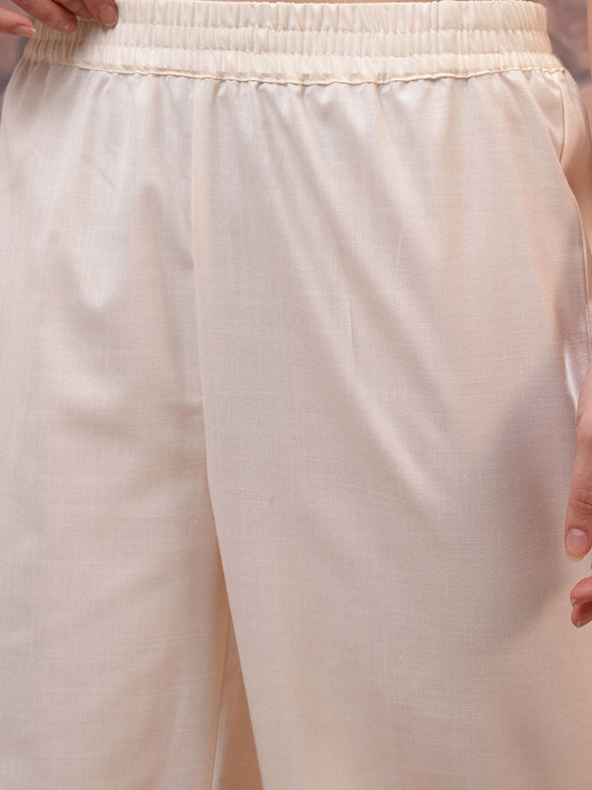 Vishudh Cream Embroidered Straight Kurta with Palazzo & Dupatta - Swadesiicart