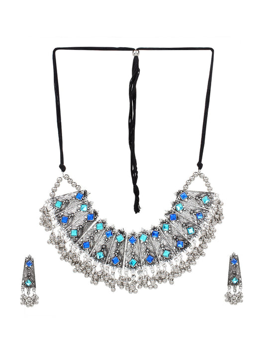 Cardinal Oxidised Silver-Toned & Blue Stones-Studded & Beaded Jewellery Set - Swadesiicart