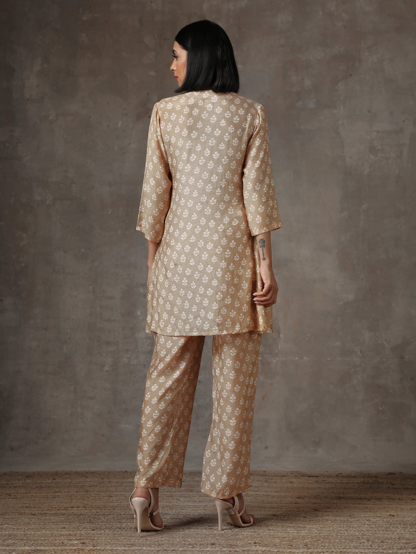 trueBrowns Beige White Printed Silk Co-Ord Set - Swadesiicart