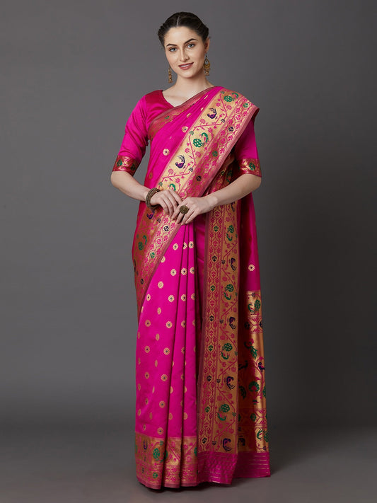 Mitera Pink Silk Blend Woven Design Banarasi Saree | Swadesiicart