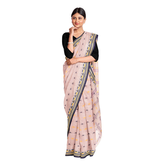 Exclusive Collection 100% Pure Cotton Cream Tant Saree With Hand Weaving Work - Swadesiicart