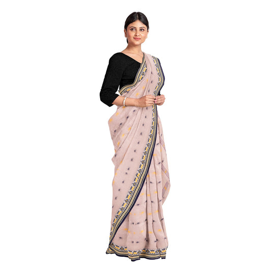 Exclusive Collection 100% Pure Cotton Cream Tant Saree With Hand Weaving Work - Swadesiicart