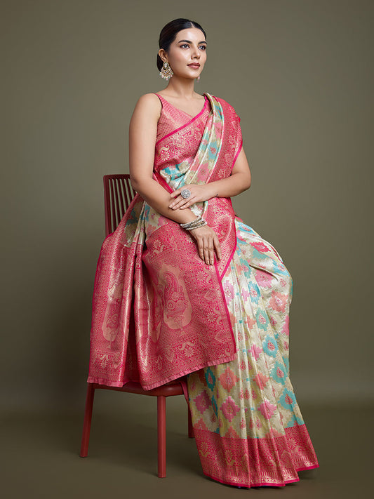 Monjolika Fashion Glamour And Tradition With This Zari Woven Pink And Cream Banarasi Silk Saree | Swadesiicart