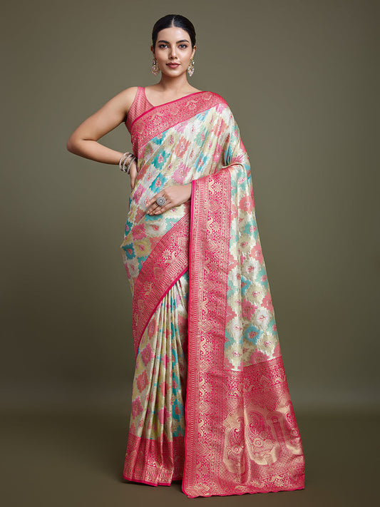 Monjolika Fashion Glamour And Tradition With This Zari Woven Pink And Cream Banarasi Silk Saree | Swadesiicart
