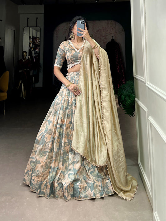 Lorenvalley Seagreen Tussar Silk Printed with Lace Touch Up Lehenga Choli | Swadesiicart