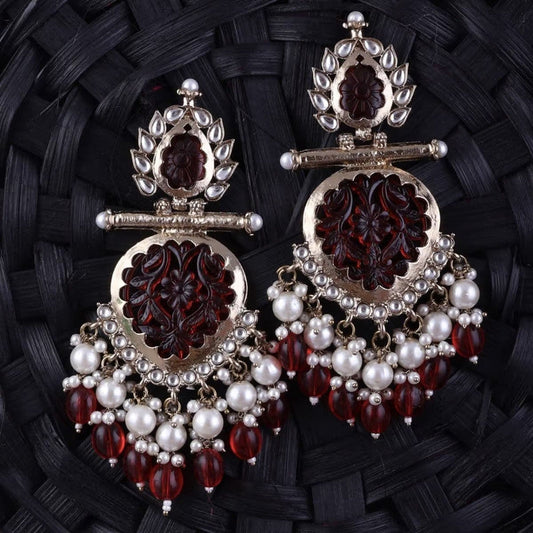 Tehzeeb Creations Latest Gold Polish Kundan & Pearl Studded Designer Drop Long Earrings For Women And Girls Maroon | Swadesiicart