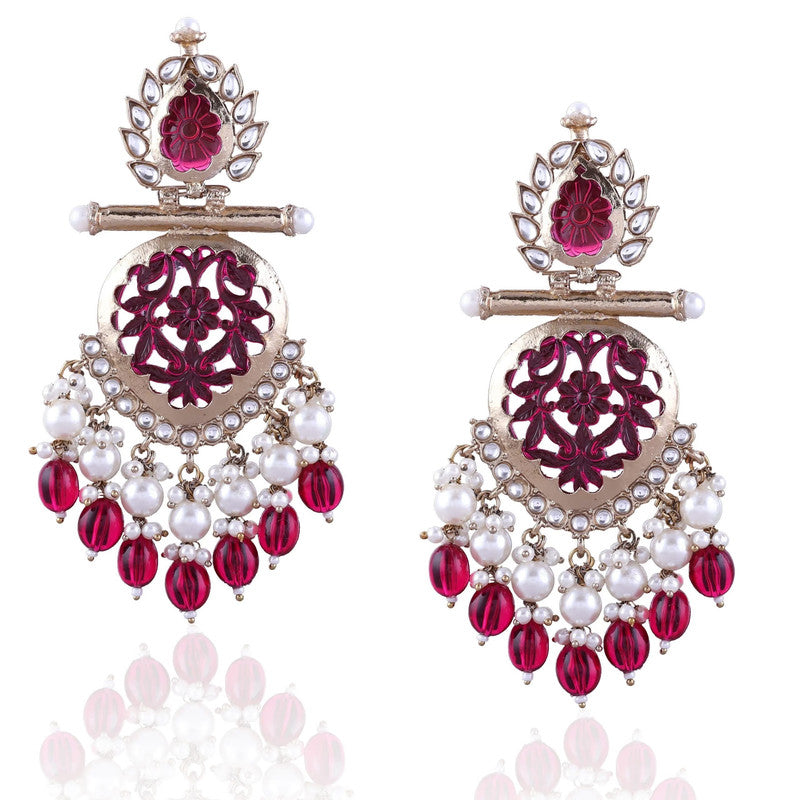 Tehzeeb Creations Latest Gold Polish Kundan & Pearl Studded Designer Drop Long Earrings For Women And Girls Maroon | Swadesiicart