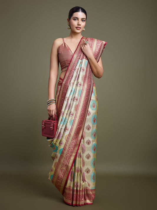 Monjolika Fashion Elegant Maroon And Cream Banarasi Silk SareeWith Intricate Zari Work | Swadesiicart