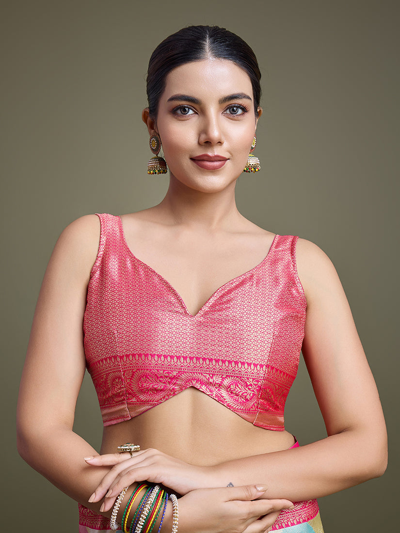 Monjolika Fashion Elegant Pink And Cream Banarasi Silk SareeWith Intricate Zari Work | Swadesiicart