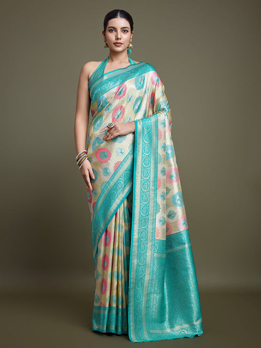 Monjolika Fashion Elegant Turquoise And Cream Banarasi Silk SareeWith Intricate Zari Work | Swadesiicart