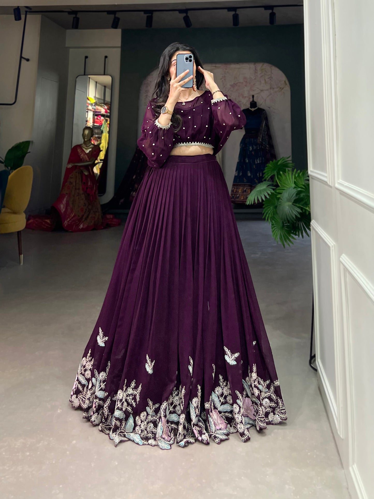 Lorenvalley Wine Georgette Sequins and Thread Embroidery work ethnic Co-ord Set - Swadesiicart