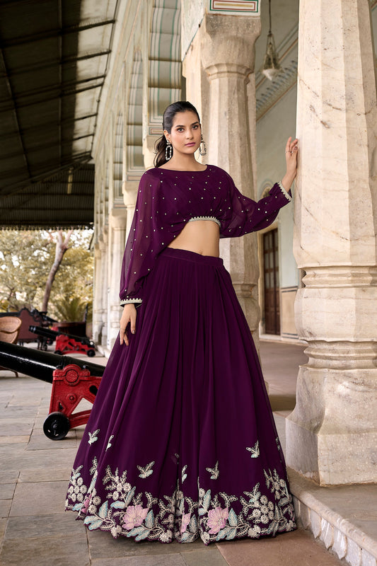 Lorenvalley Wine Georgette Sequins and Thread Embroidery work ethnic Co-ord Set - Swadesiicart