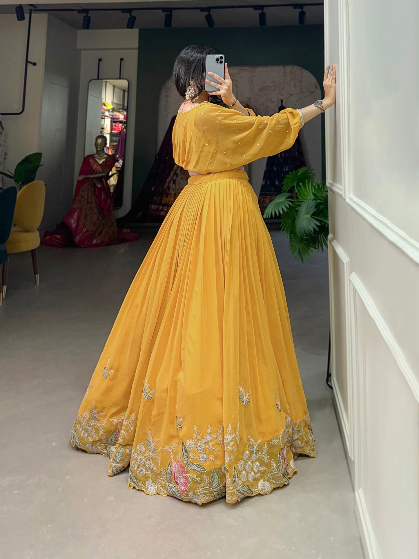 Lorenvalley Yellow Georgette Sequins and Thread Embroidery work ethnic Co-ord Set - Swadesiicart