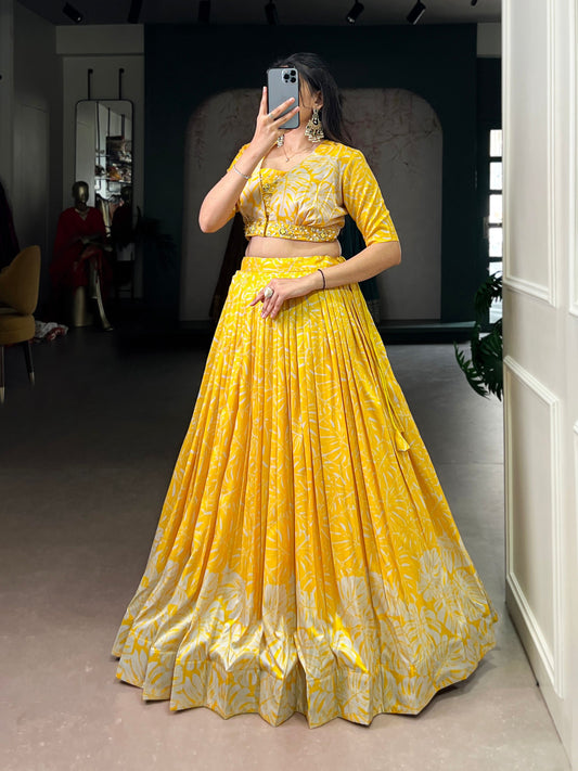 Lorenvalley Fashion Yellow Tussar Silk Printed Lehenga Choli with Koti - Swadesiicart