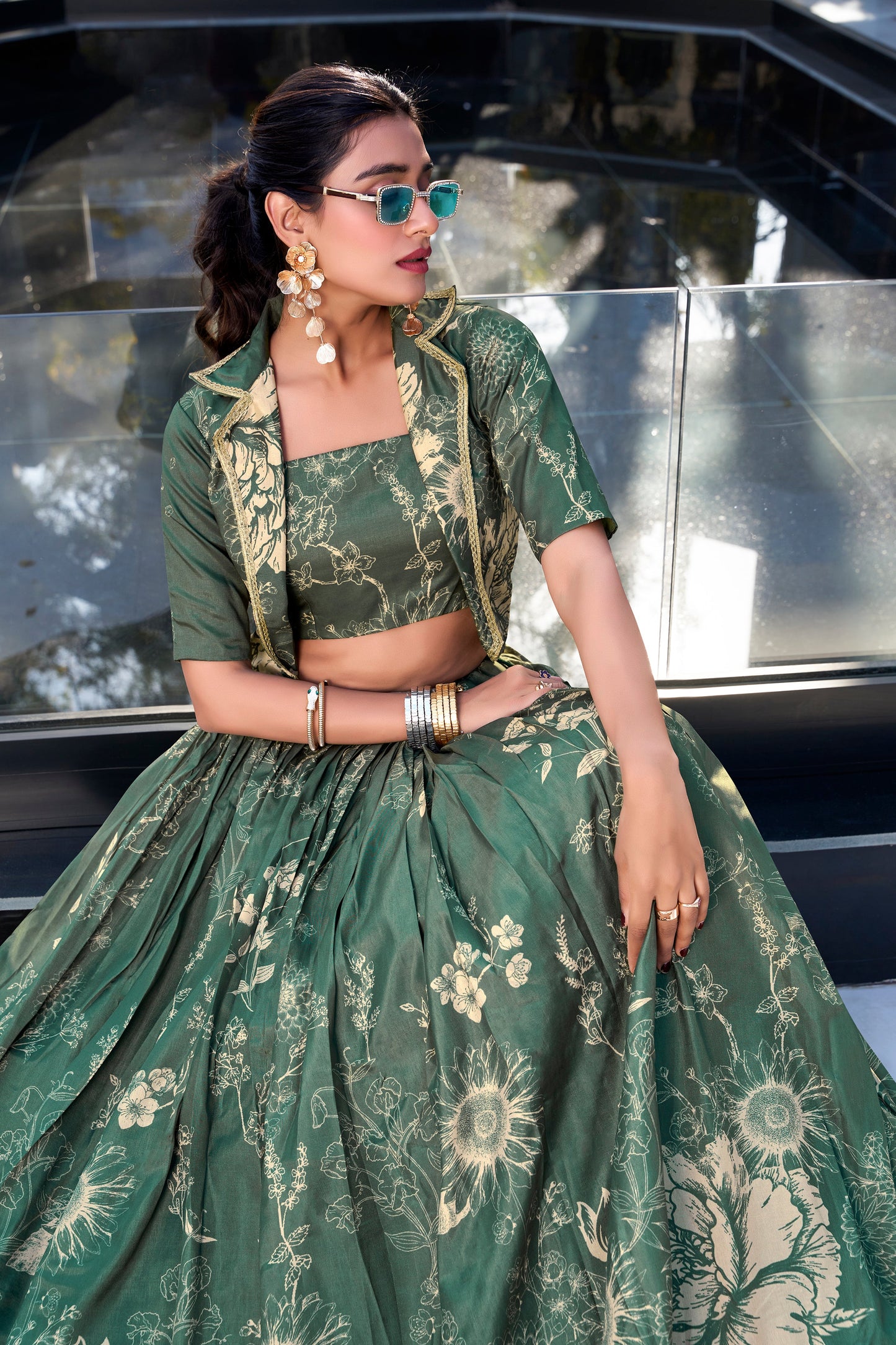 Lorenvalley Green Tussar Silk Floral Print Lehenga Choli with Koti | Swadesiicart