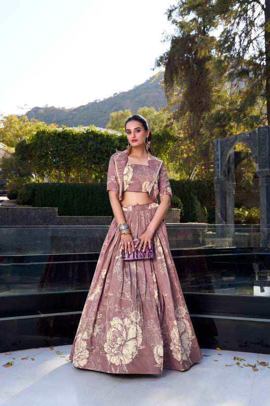 Lorenvalley Onionpink Tussar Silk Floral Print Lehenga Choli with Koti | Swadesiicart