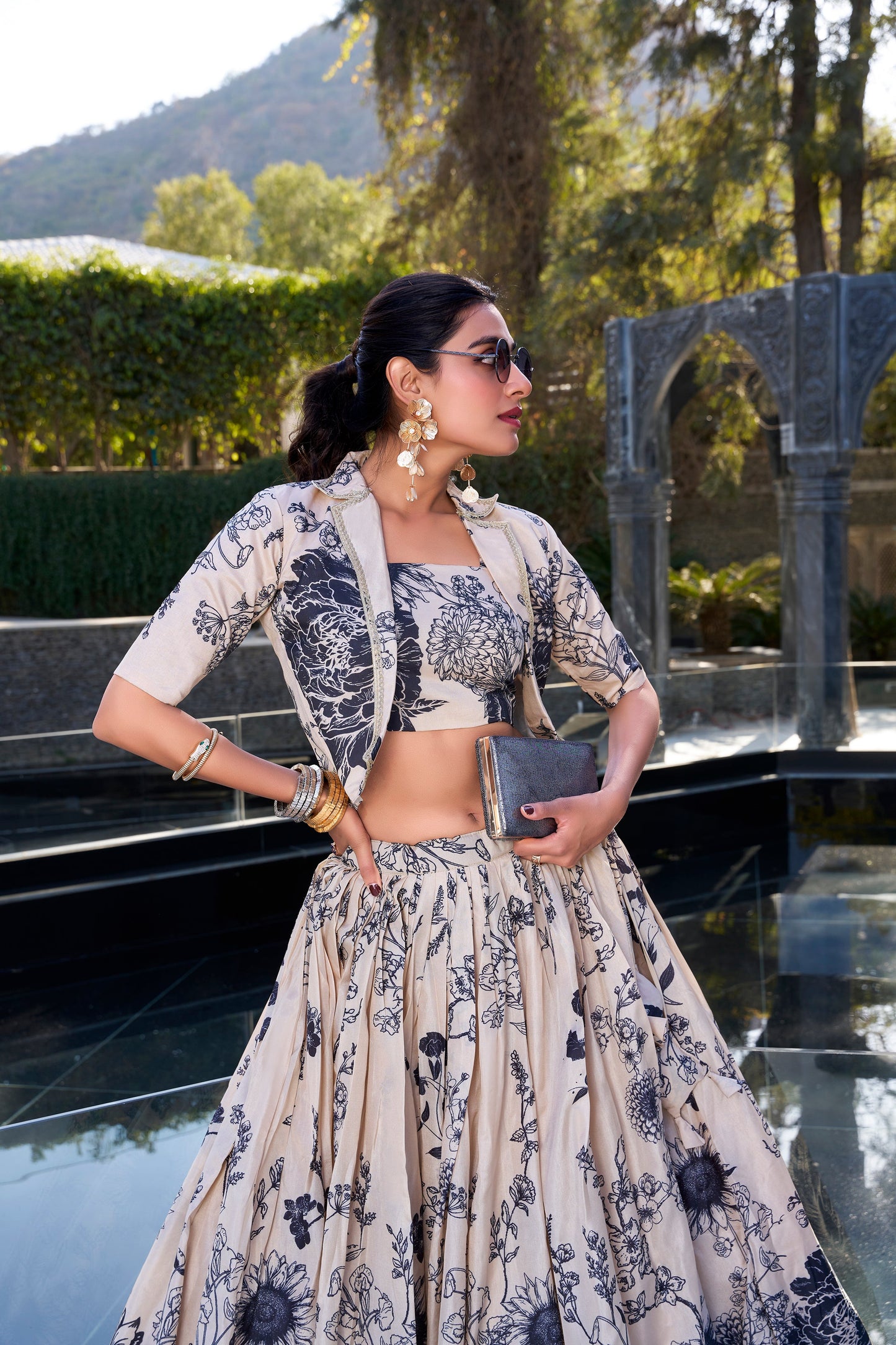 Lorenvalley Offwhite Tussar Silk Floral Print Lehenga Choli with Koti | Swadesiicart