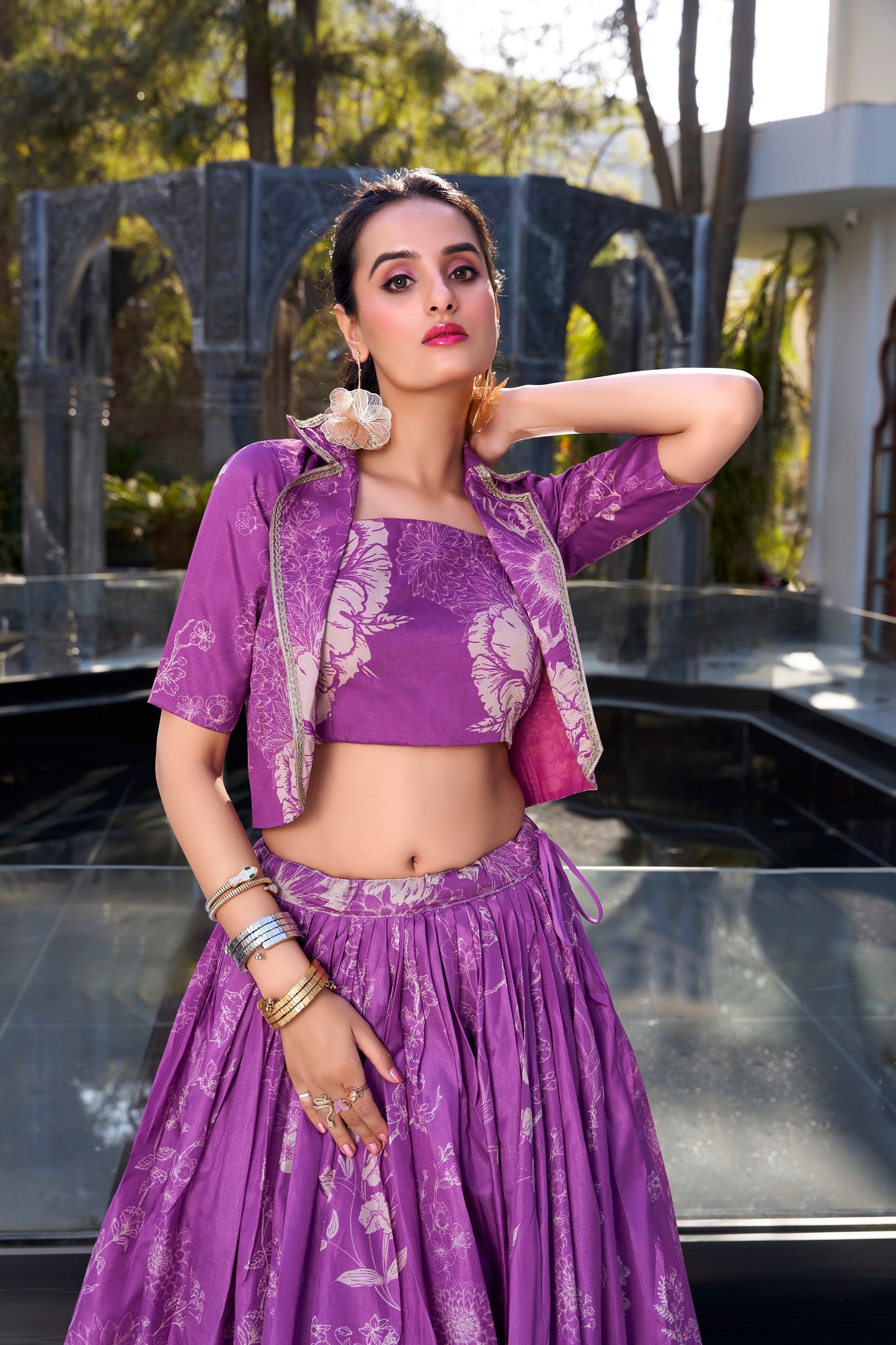 Lorenvalley Purple Tussar Silk Floral Print Lehenga Choli with Koti | Swadesiicart