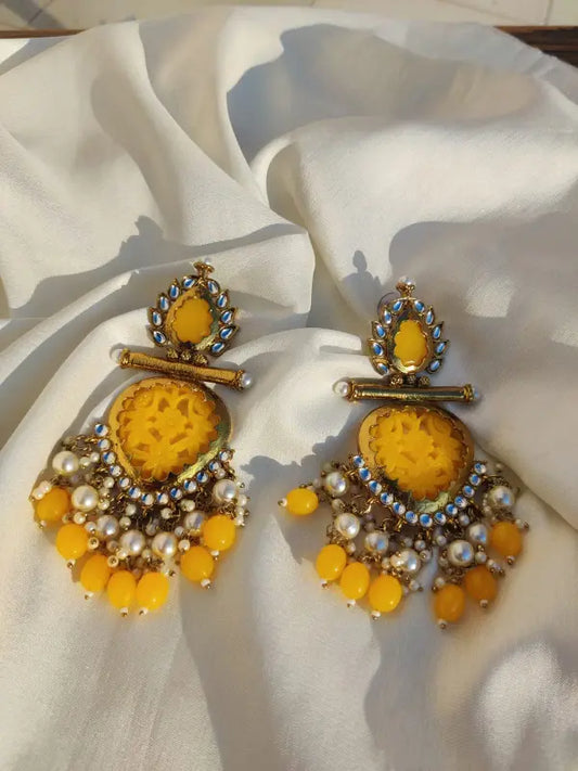 Tehzeeb Creations Latest Gold Polish Kundan & Pearl Studded Designer Drop Long Earrings For Women And Girls Yellow | Swadesiicart