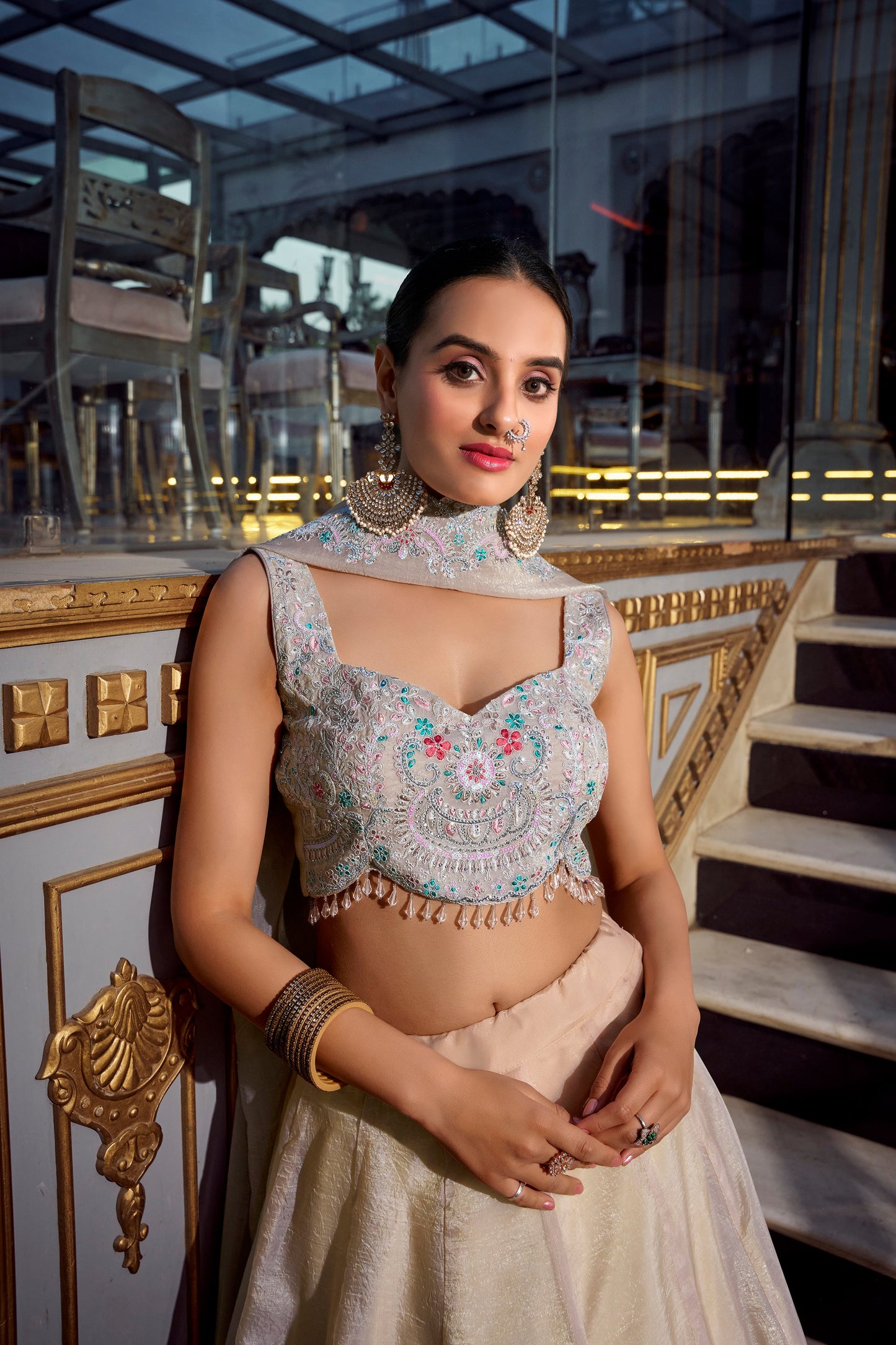 Lorenvalley Cream Gold Crush Fabric Plain Lehenga with Sequins and Thread Embroidery with Jarkan Diamond Work Choli and Dupatta | Swadesiicart