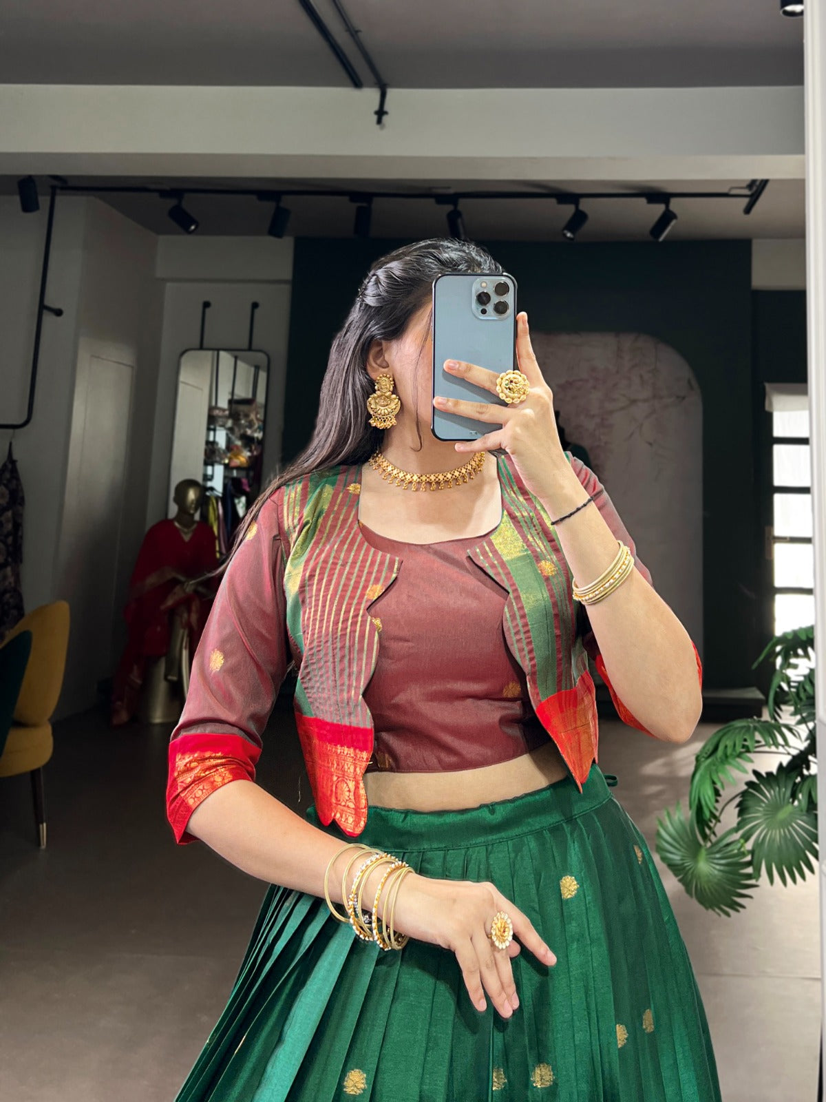 Lorenvalley Fashion Green Poly Cotton Zari Weaving Work Lehenga Choli With Koti - Swadesiicart