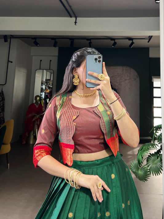 Lorenvalley Fashion Green Poly Cotton Zari Weaving Work Lehenga Choli With Koti - Swadesiicart