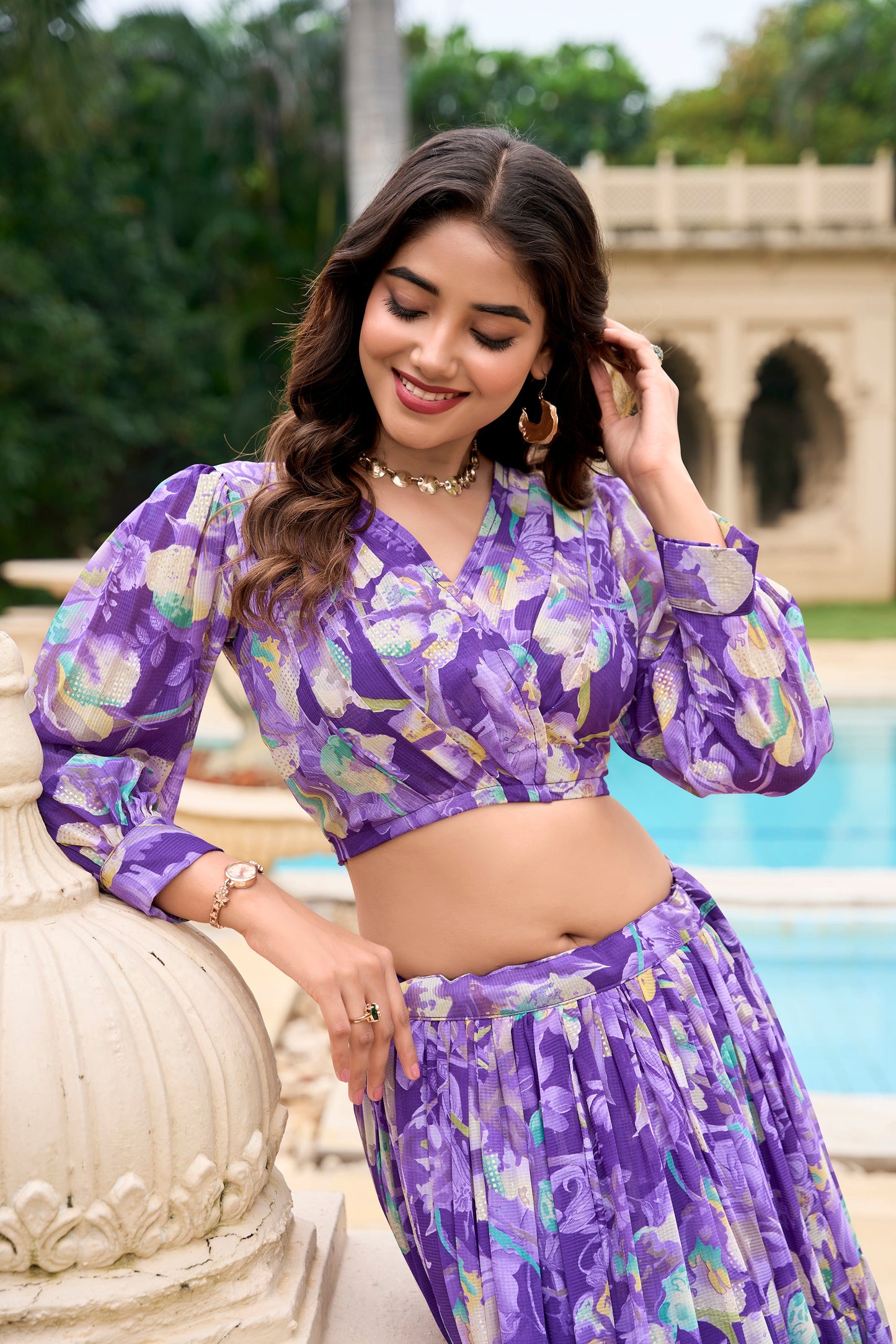 Lorenvalley Purple Georgette Chex beautiful Floral Print ethnic Co-ord Set - Swadesiicart