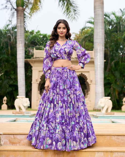 Lorenvalley Purple Georgette Chex beautiful Floral Print ethnic Co-ord Set - Swadesiicart