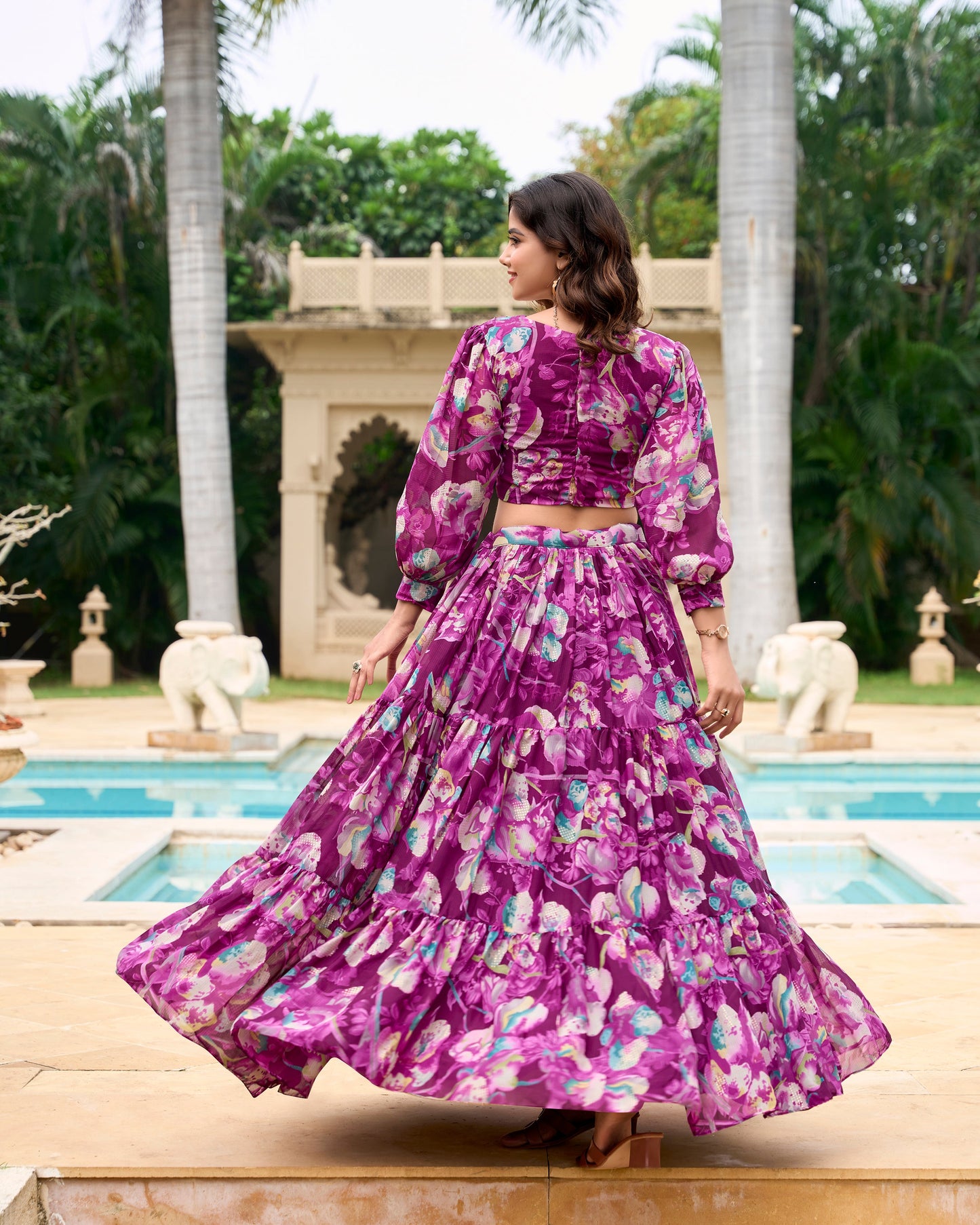 Lorenvalley Wine Georgette Chex beautiful Floral Print ethnic Co-ord Set - Swadesiicart