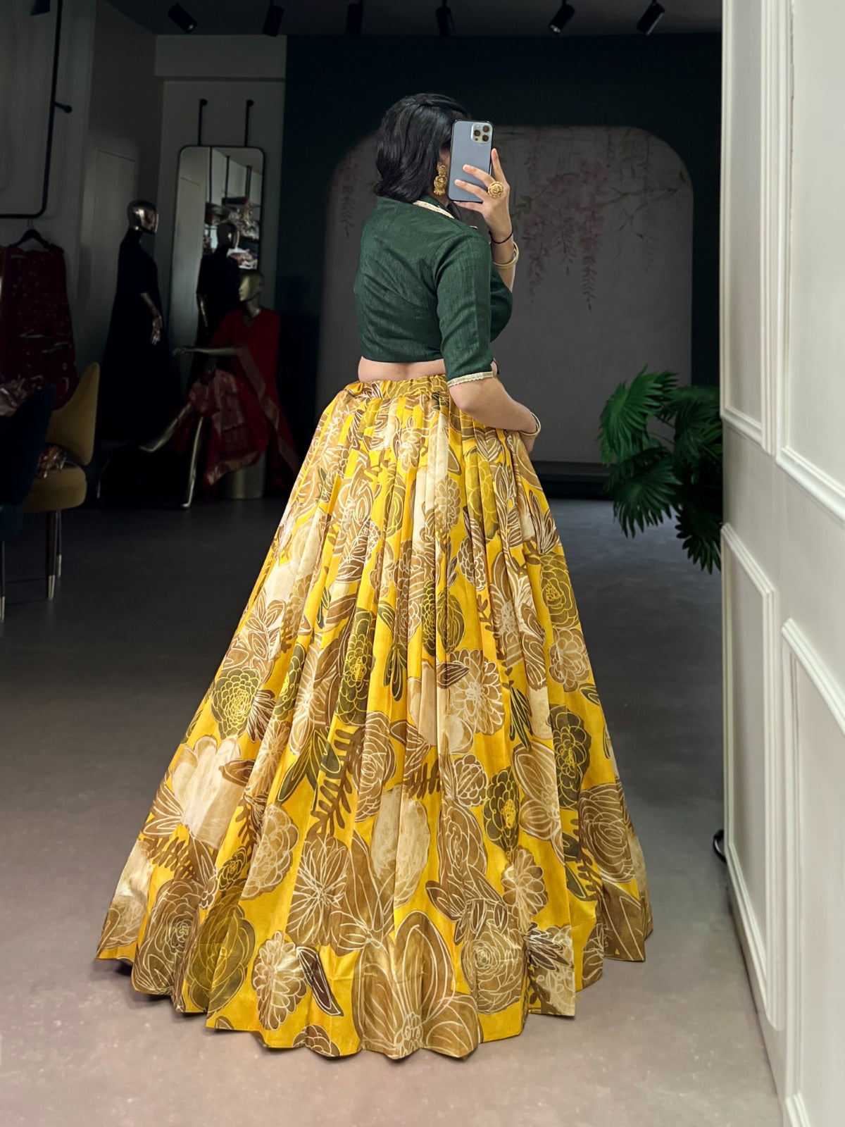 Lorenvalley Fashion Mustard Tasar Silk Floral Print Lehenga Choli - Swadesiicart