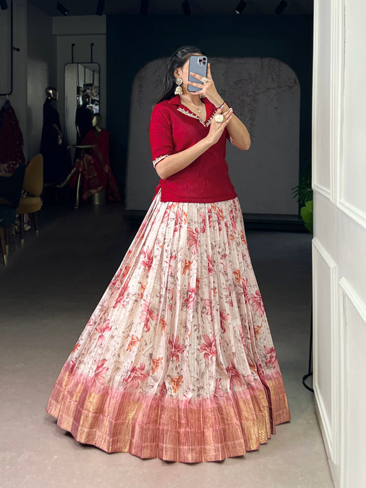 Lorenvalley Fashion Red Dola Chex Floral Printed With Zari Weaving Work Lehenga Choli - Swadesiicart