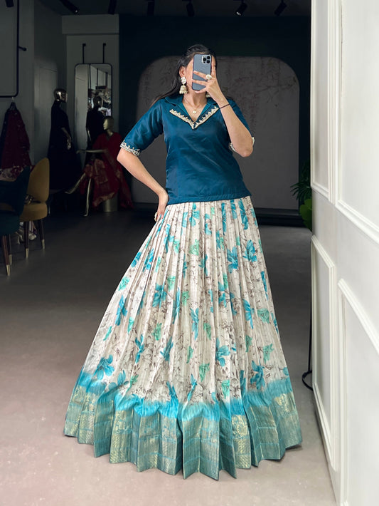 Lorenvalley Fashion Teal Dola Chex Floral Printed With Zari Weaving Work Lehenga Choli - Swadesiicart