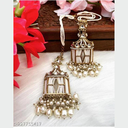 Tehzeeb Creations Stylish White Pearls Gold-Polished Kundan Studded Beads Beaded Drop Earrings With Ear Chain Long Earring Set | Swadesiicart