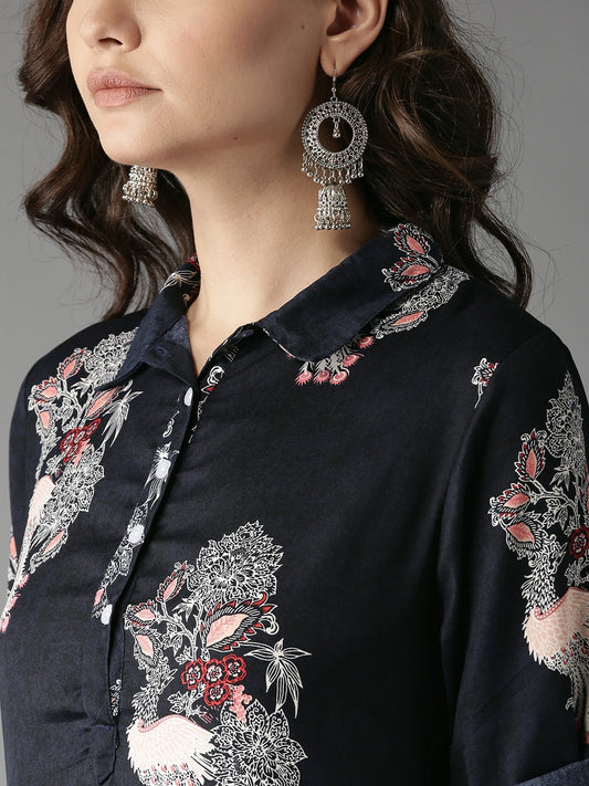 HERE&NOW Women Navy Printed Straight Kurta - Swadesiicart