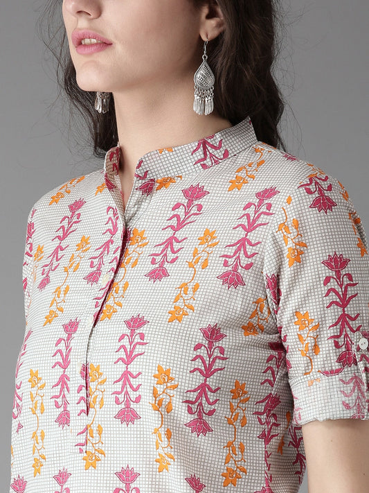 HERE&NOW Women Grey & Pink Printed Straight Kurta - Swadesiicart