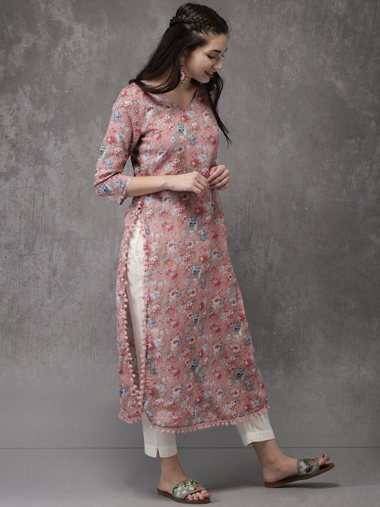 Anouk Women Pink Printed Straight Kurta - Swadesiicart