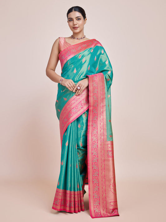 Monjolika Fashion Glamour And Tradition With This Zari Woven Banarasi Tissue Silk Turquoise Saree | Swadesiicart