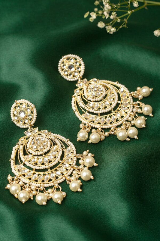 Tehzeeb Creations Gold-Polished Traditional Chandbali Drop Kundan & Pearl Earring For Women | Swadesiicart