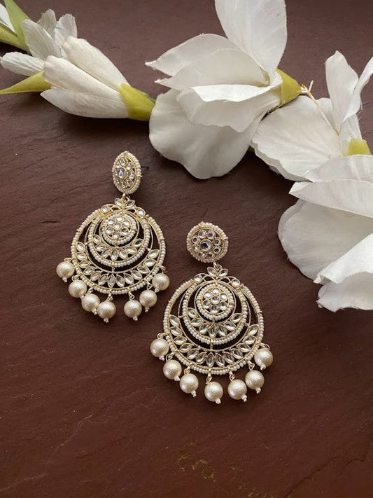 Tehzeeb Creations Gold-Polished Traditional Chandbali Drop Kundan & Pearl Earring For Women | Swadesiicart