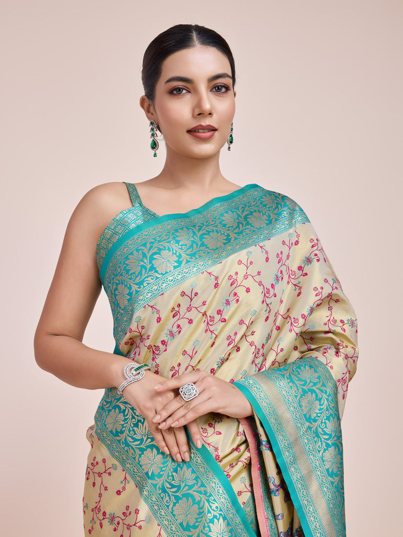 Monjolika Fashion Cream Banarasi Tissue Silk SareeWith Zari Woven Work | Swadesiicart