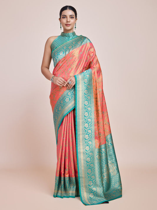 Monjolika Fashion Peach Banarasi Tissue Silk SareeWith Zari Woven Work | Swadesiicart